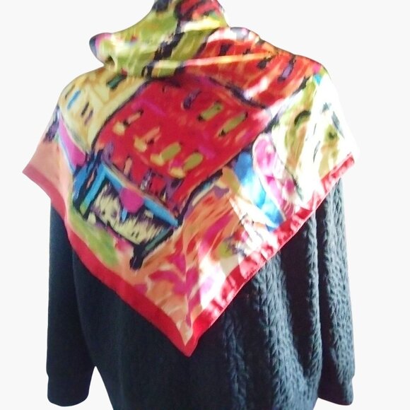 MOSI Silk Scarf Colorful Abstract Art 35x35 Inches Red Border - Picture 5 of 11